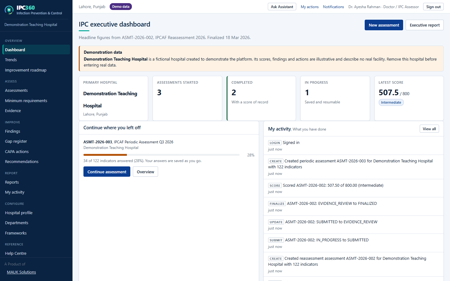 The doctor dashboard, showing the summary strip, the resumable draft and recent activity