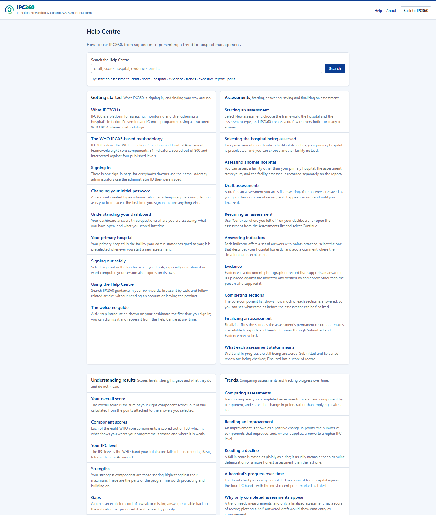 The IPC360 Help Centre with its search field and guidance categories