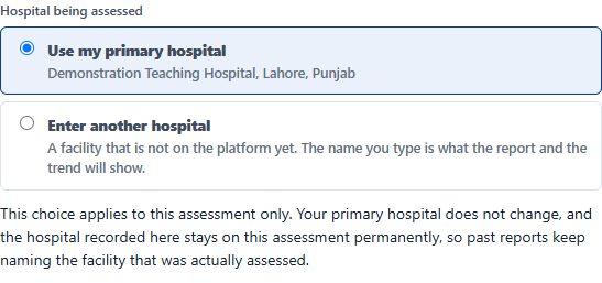 The hospital picker, offering the primary hospital, other assigned hospitals, or a facility not on the platform