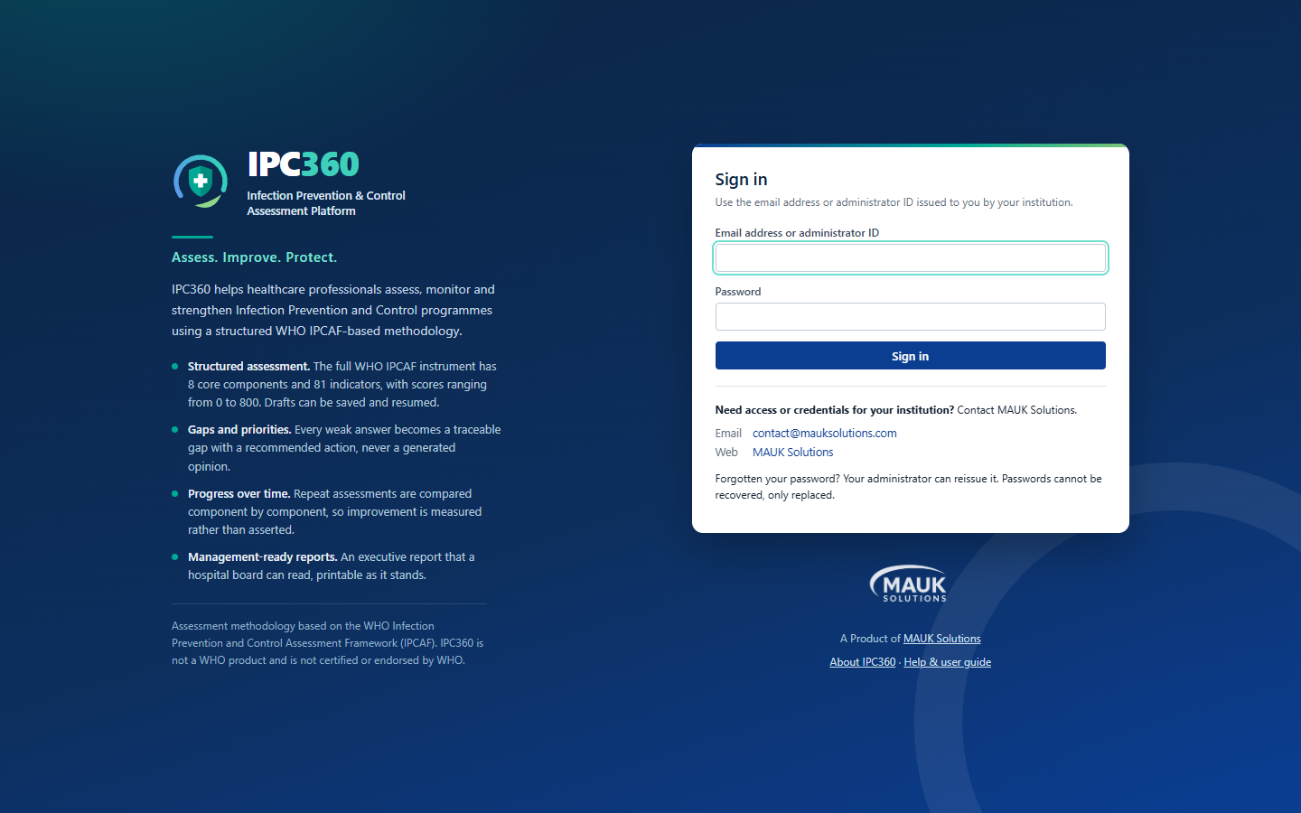The IPC360 sign-in page, with the product description on the left and the sign-in form on the right