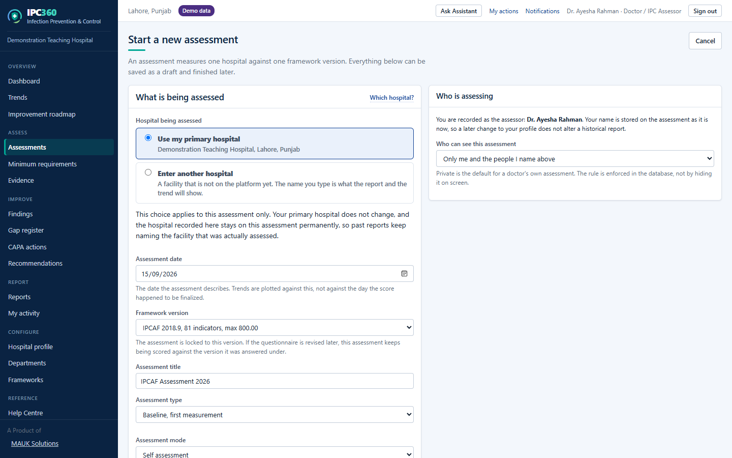 The new assessment form, with framework, hospital, title, type and date