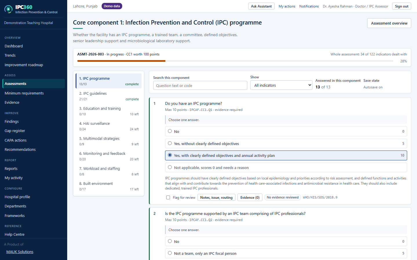 The assessment questionnaire, with the core component list on the left and indicators with answer options on the right