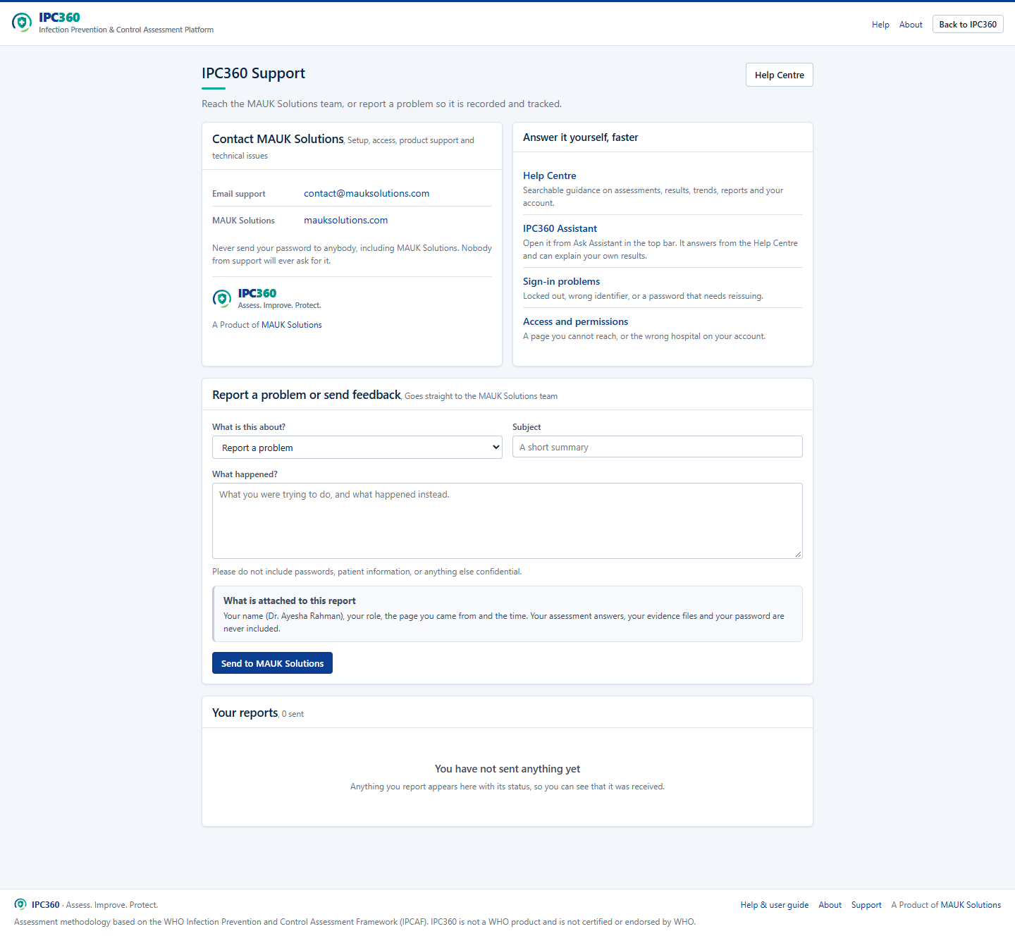 The IPC360 Support page with configured contact channels and the problem report form